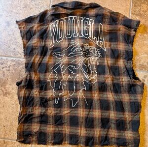 YoungLA Black and Burnt Orange Plaid Sleeveless Shirt